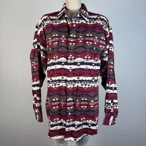 Vtg 90s Powder River by Panhandle Aztec Western Pearl Snap Shirt L